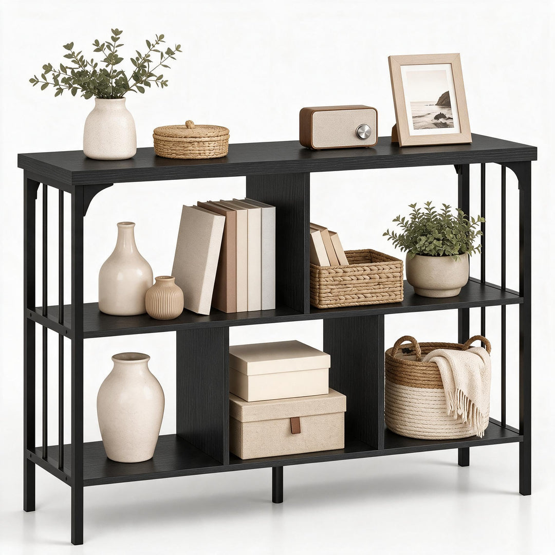 GIANTEX 3-Tier Industrial Low Wide Bookshelf with Metal Frame