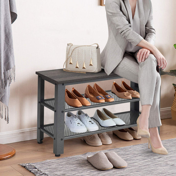 Giantex 3-Tier Shoe Bench, Industrial Shoe Rack with 2 Mesh Storage Shelves