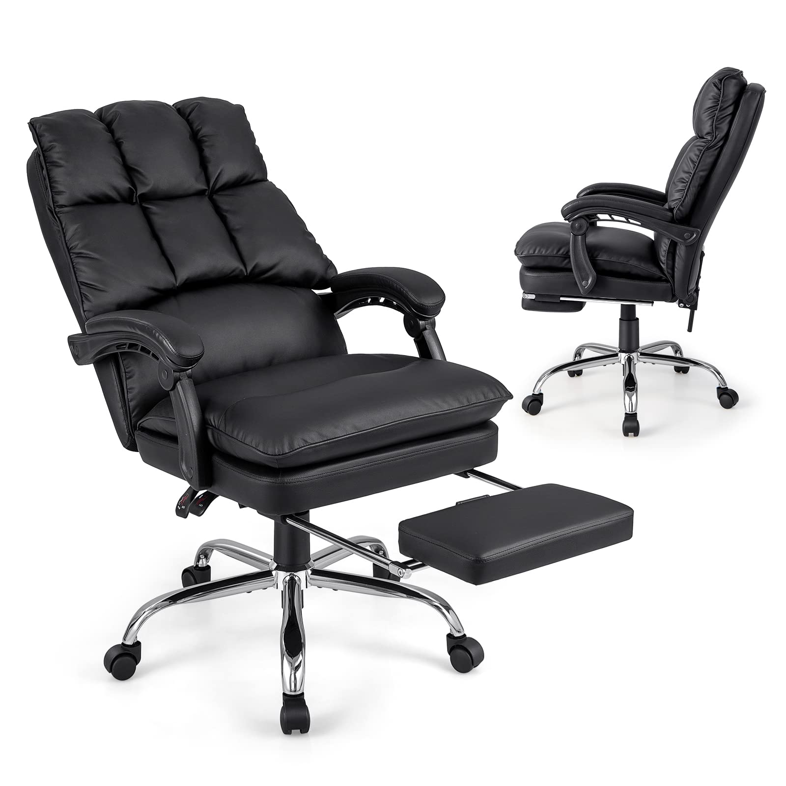 Giantex Executive Office Chair, PU Leather Reclining Chair with Retractable Footrest & Padded Armrests (Black)