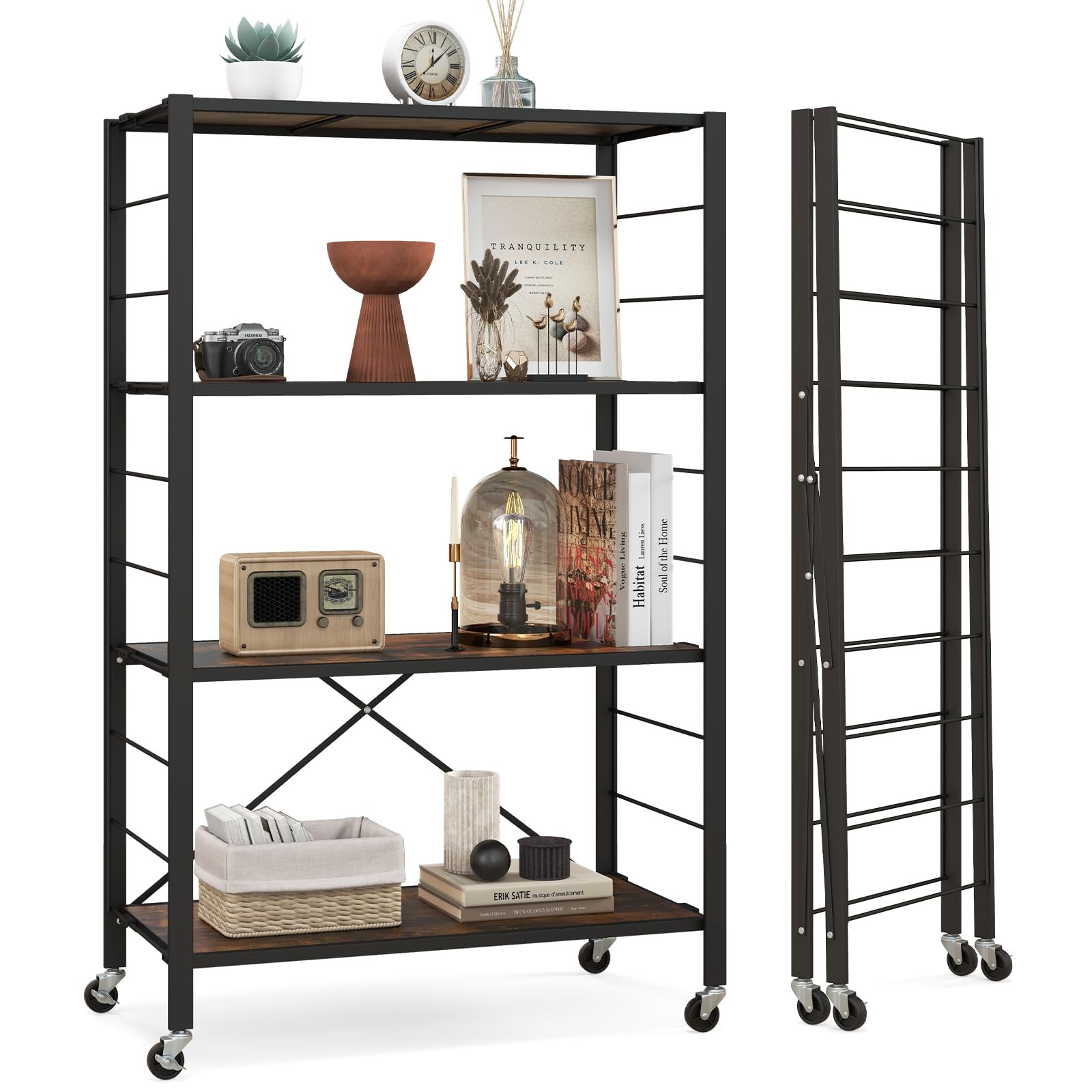 Giantex 4-Tier Folding Storage Shelf, Collapsible Shelving Unit w/Lockable Wheels & Adjustable Shelf