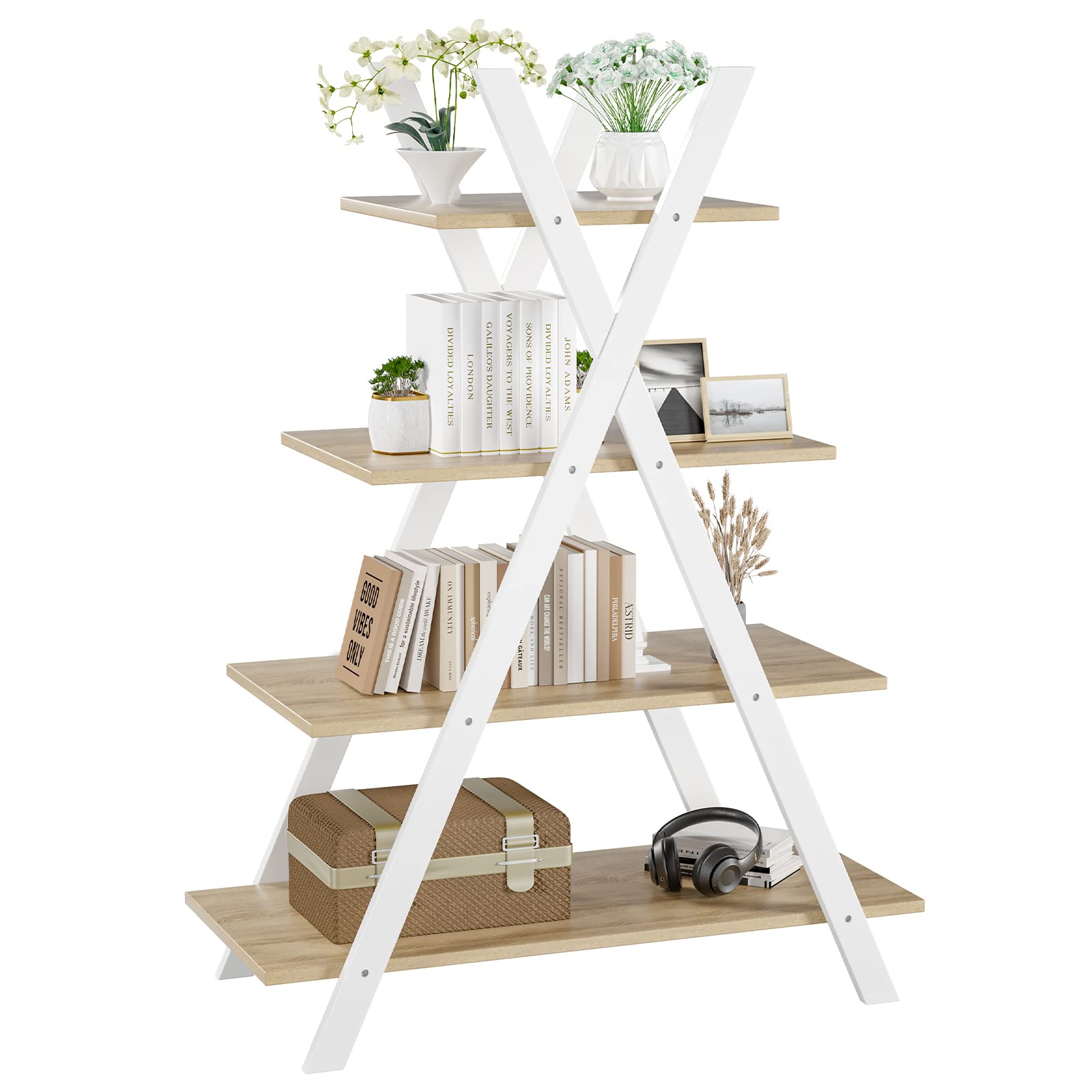 Giantex 4 Tier Bookshelf Storage Shelves Bookcase Ladder Shelf Home Office X-Shape