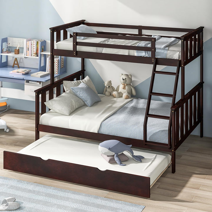 Giantex Twin Over Full Bunk Bed with Trundle, Reversible Ladder & Safety Guardrails