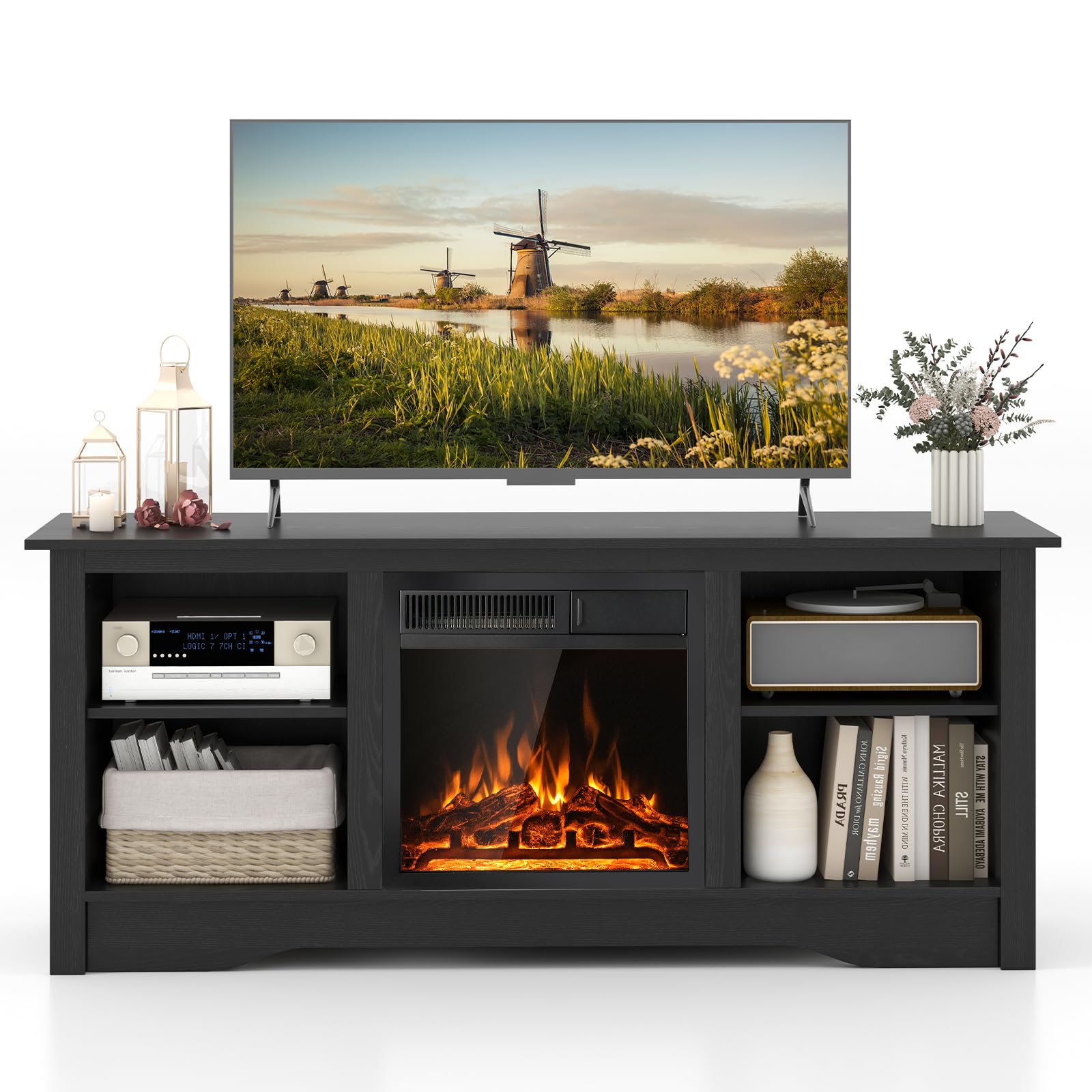 Giantex Fireplace TV Stand for TVs Up to 65”, Entertainment Center with Adjustable Shelves