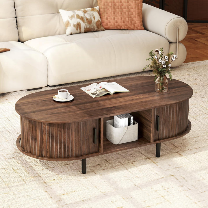 Giantex 48 Inch Mid Century Modern Living Room Table with Sliding Tambour Doors