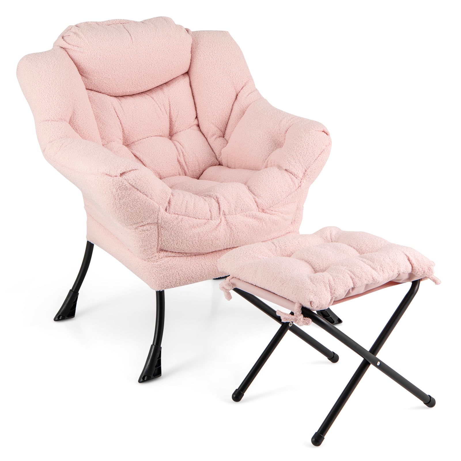 Giantex Set of 1/2 Lazy Chair with Folding Ottoman, Modern Sherpa Accent Chair w/Armrests & Pocket