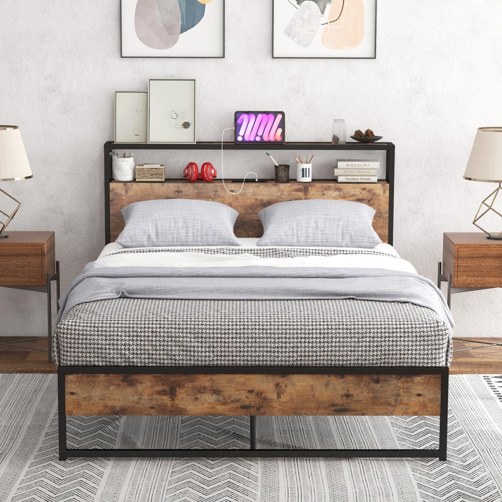 Giantex Full Bed Frame with Storage Headboard and Charging Station, with Outlets and USB Ports