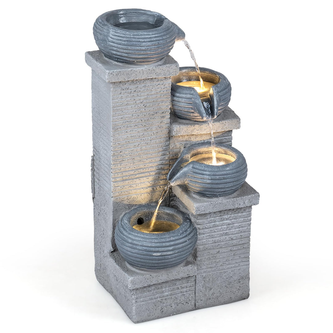 Giantex 4-Tier Water Fountain Outdoor with Warm LED Lights & Pump