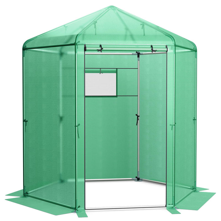 Giantex 7 x 6 x 7.5 FT Greenhouse, Large Hexagonal Walk in Greenhouse Outdoor with Heavy-Duty Metal Frame