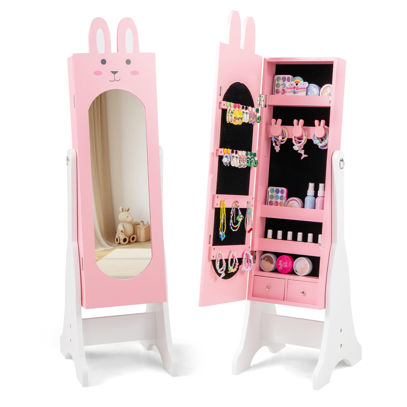 CHARMAID Kids Mirror Jewelry Cabinet - 45" Standing Jewelry Armoire with Full Length Mirror