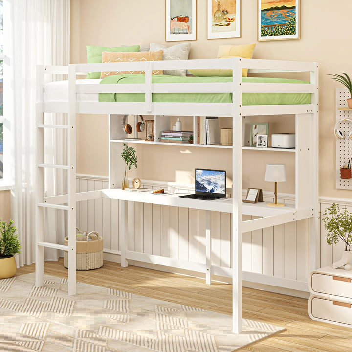 Giantex Solid Wood Twin Loft Bed with Desk and Bookcase