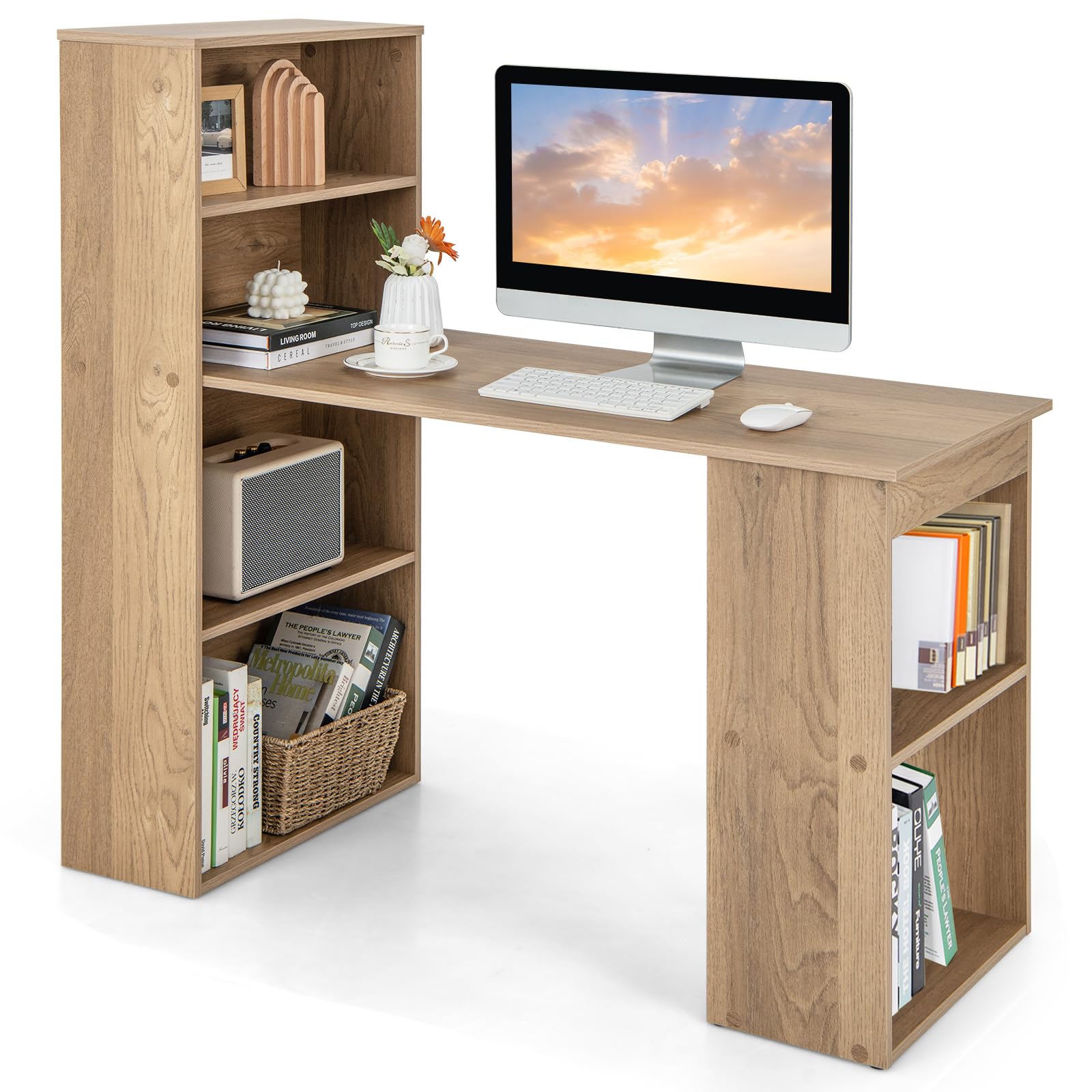 Giantex 48 Inch Computer Desk with Bookshelf, 3-in-1 Home Office Desk with 4-Tier Bookcase & CPU Stand