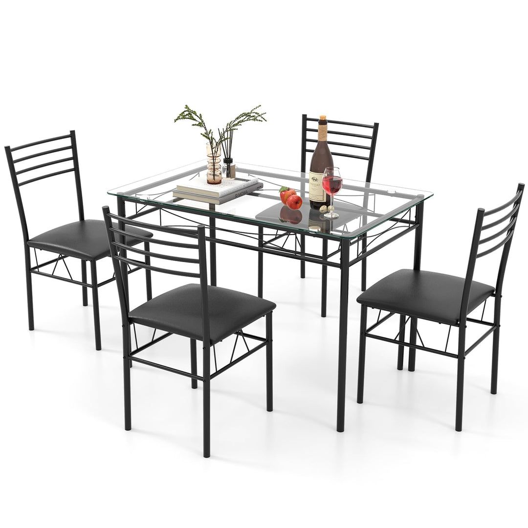 Giantex 5 Piece Dining Table Set, Kitchen Dining Set with Tempered Glass Table Top and 4 Upholstered Chairs (Black)