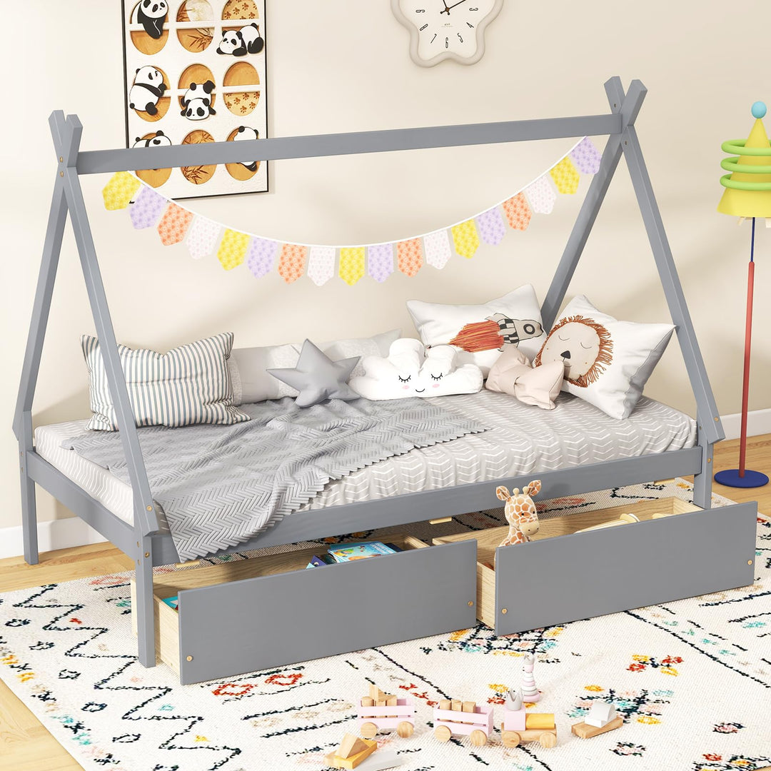 Giantex Twin Bed Frame with 2 Storage Drawers, Wood House Tent Platform Bed Frame with Triangle Structure