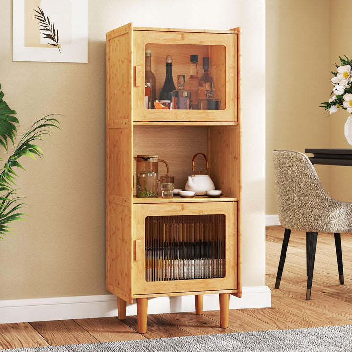 Giantex Bamboo Storage Cabinet, 3-Cube Bookcase, Freestanding Liquor Display Sideboard with 2 Single Doors