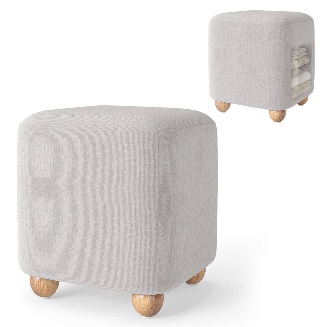 GIANTEX Linen Fabric Square Storage Ottoman with Solid Wood Legs