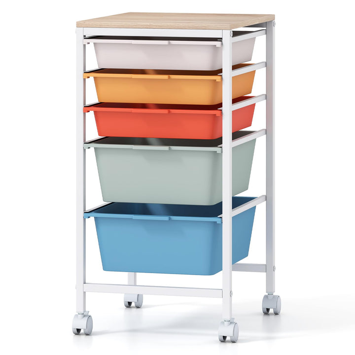 Giantex 5-Drawer Rolling Storage Cart Mobile Utility Organizer with Wooden Tabletop and Lockable Wheels