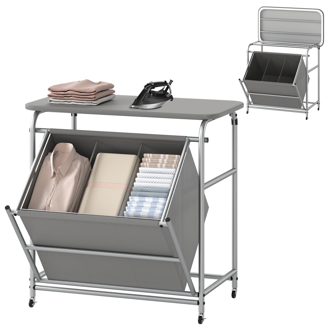 Giantex Laundry Sorter with Foldable Ironing Board 3 Section Tilt Out Laundry Hamper with Removable Bags