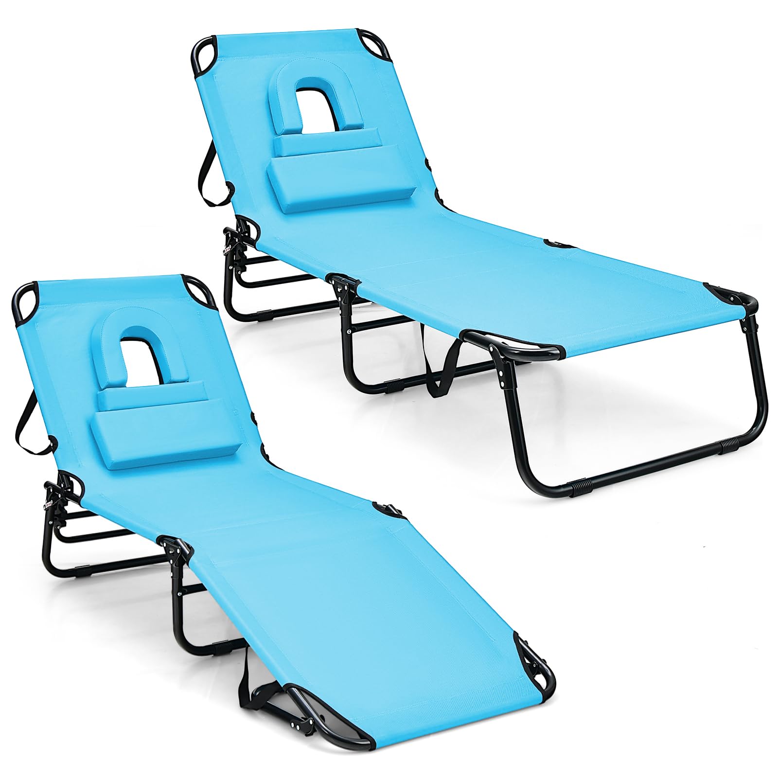 Giantex Folding Beach Tanning Chair - Adjustable Patio Lounge Chair w/Face Hole, Removable Pillows, Carry Strap