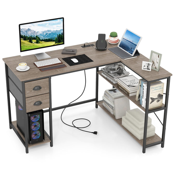 Giantex 48" L Shaped Desk with Charging Station &amp; 2 Fabric Drawers