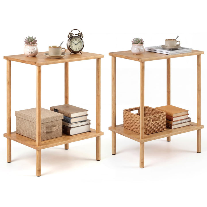 Giantex Bamboo Side Table Set of 2 w/Storage Shelves