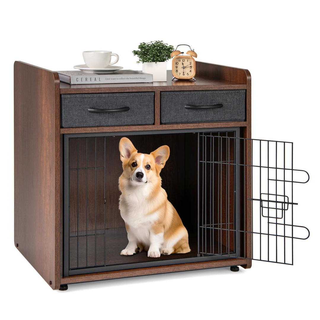 Giantex Dog Crate Furniture - Wooden Dog Cage End Table with 2 Storage Drawers