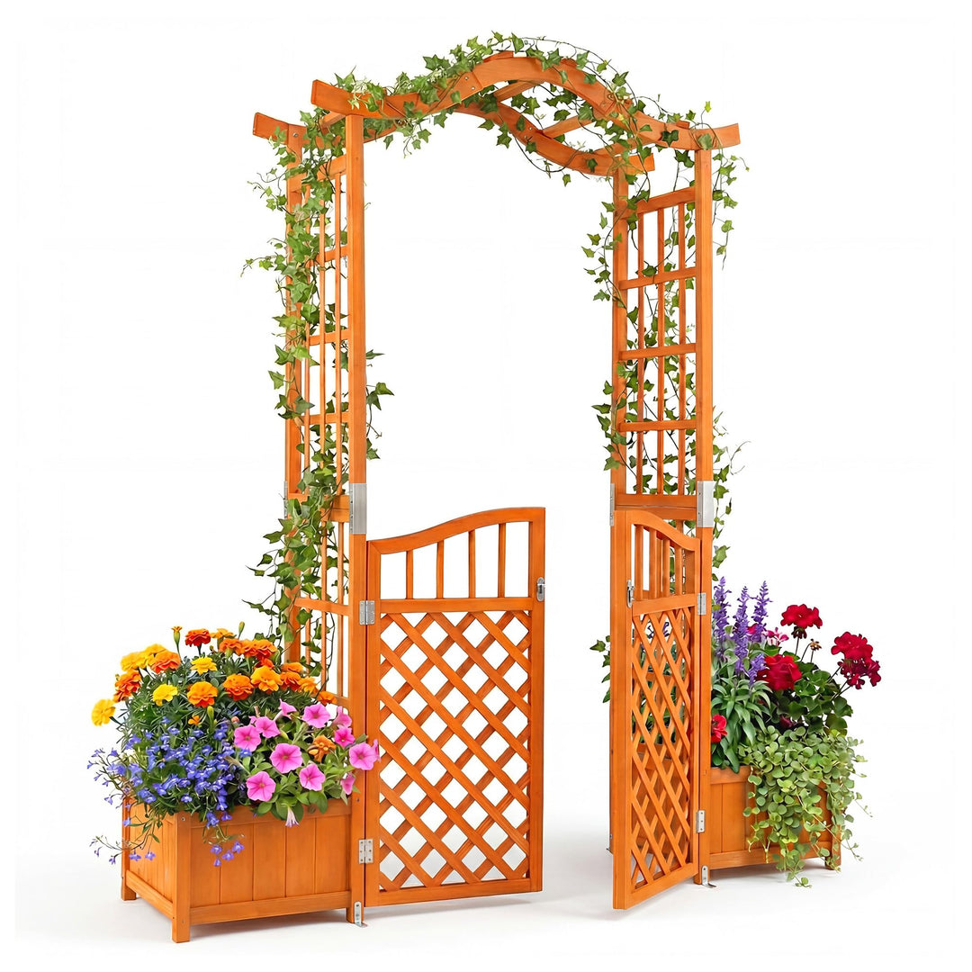 Giantex 83" Wooden Garden Arbor with Gate and 2 Planter Boxes
