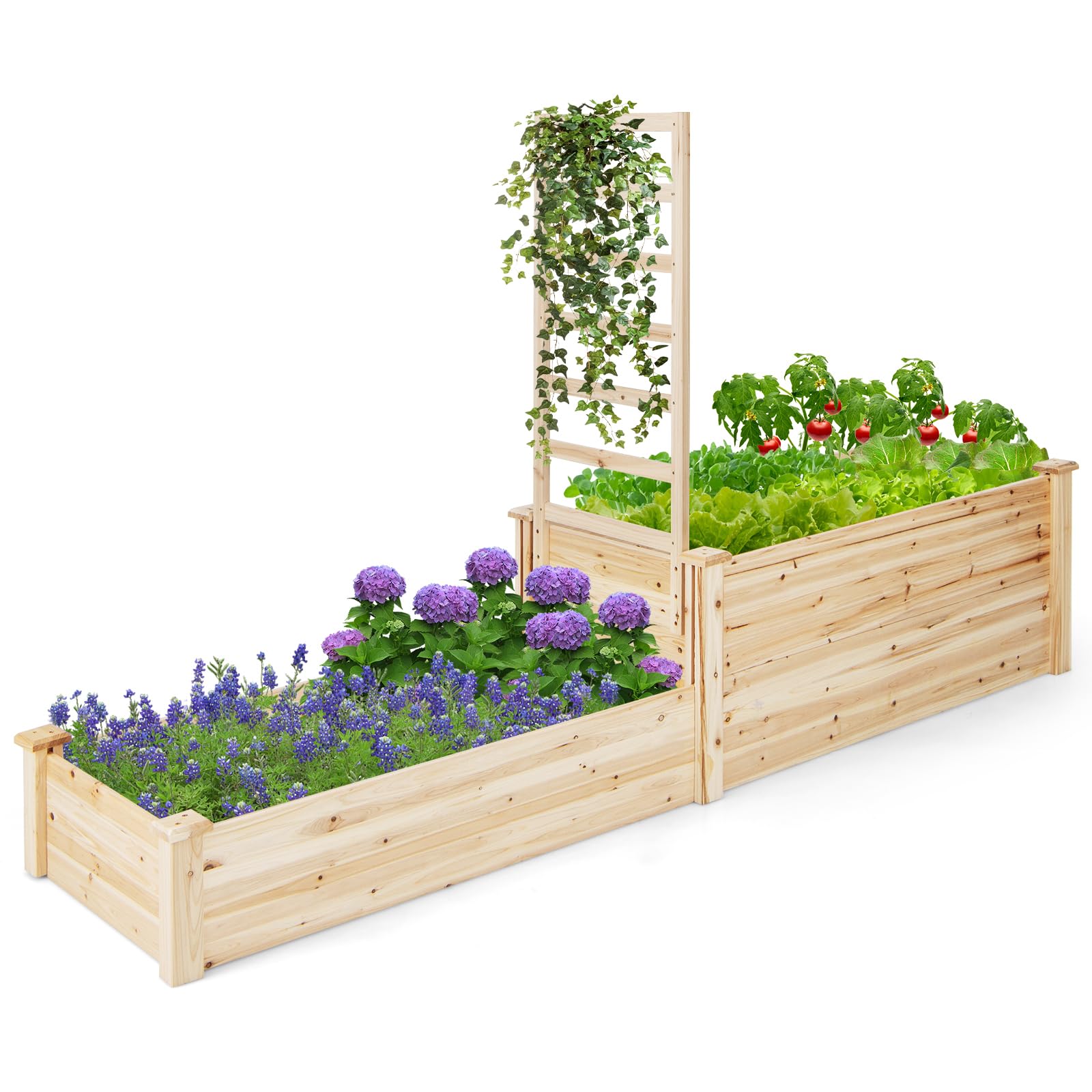 Giantex Raised Garden Bed with Trellis, Set of 2 Wood Shallow & Deep Planter Box for Climbing Plants