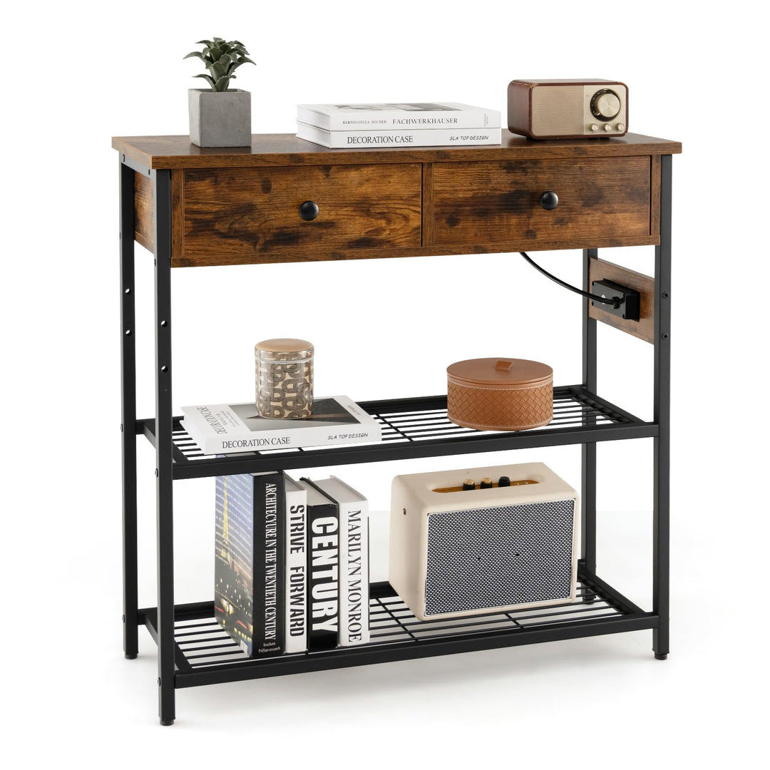 Giantex Console Table with Outlets - 3-Tier Entryway Table w/USB Ports, 2 Storage Drawers