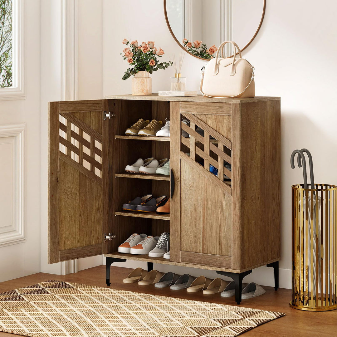 Giantex 4-Tier Wooden Shoe Organizer Cabinet with Hollow Woven Doors &amp; 3 Removable Shelves