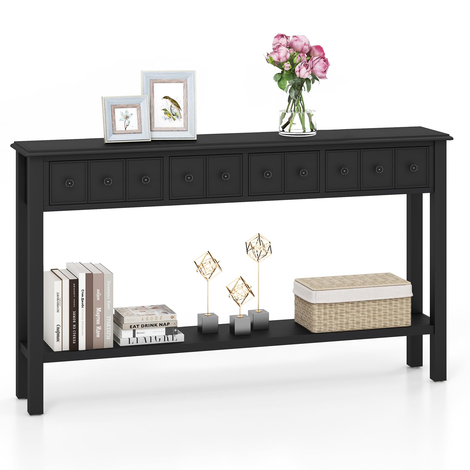 Giantex Narrow Console Table with Storage - 60" Long Sofa Side Table w/ 4 Drawers & Open Shelf, Espresso