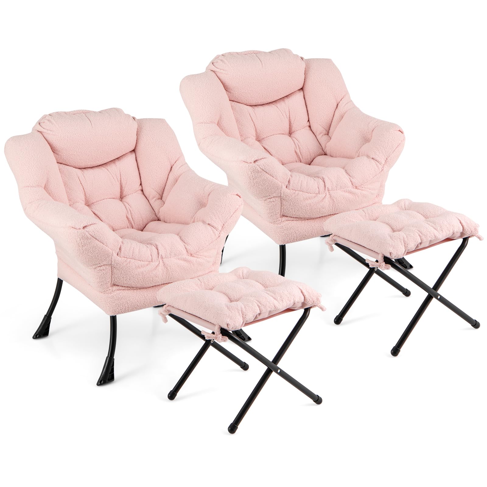Giantex Set of 1/2 Lazy Chair with Folding Ottoman, Modern Sherpa Accent Chair w/Armrests & Pocket