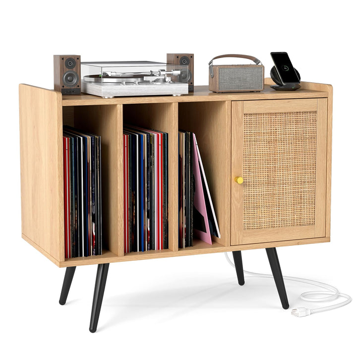 Giantex Record Player Stand w/ Charging Station w/ Rattan Cabinet (Natural)
