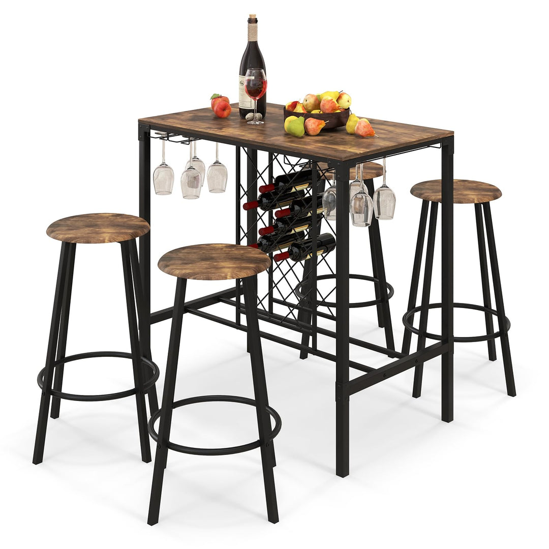 Giantex 5 Pieces Bar Table and Stools Set - Bar Height Table with Stools for 4, Kitchen Table Set with Wine Rack & Glass Holder
