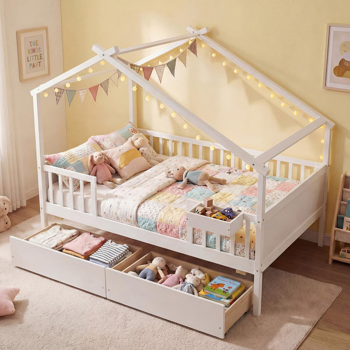 Giantex Full Size House Bed with Roof and Fence Rails for Kid