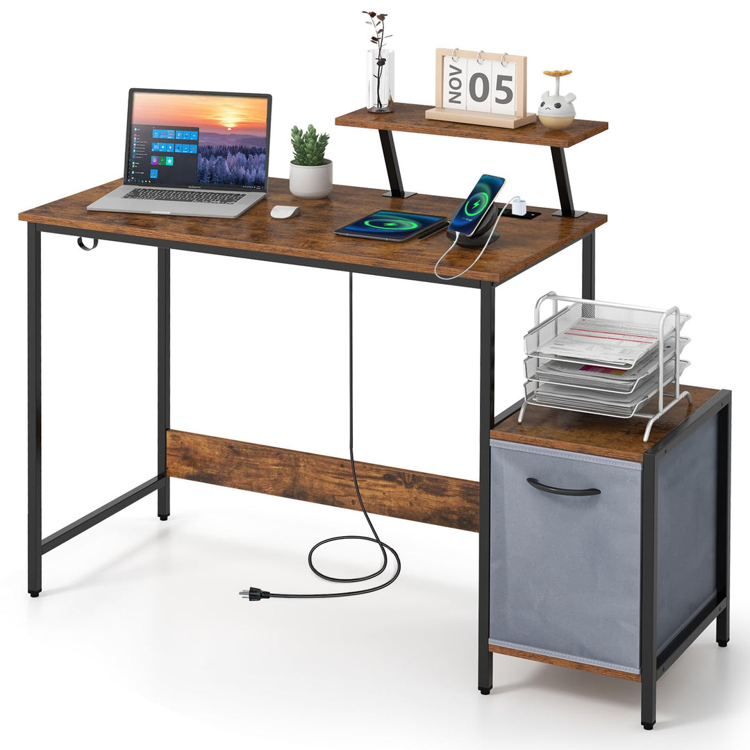 Giantex Computer Desk with Drawer and Power Outlet, Home Office Desk with Reversible Storage Drawer