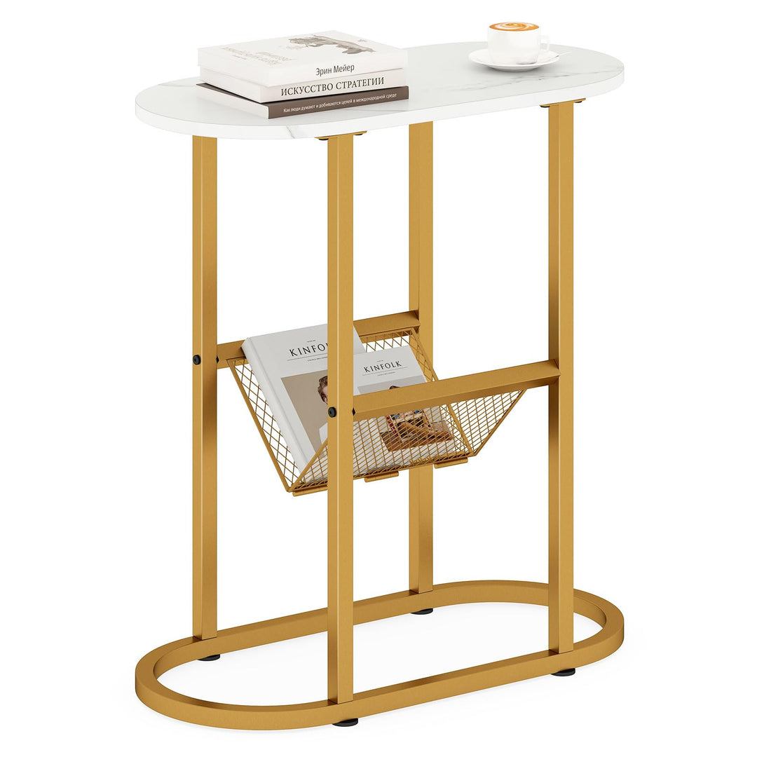 Giantex Oval Narrow Side Table, Small End Table with Magazine Rack Sling Holder Pouch