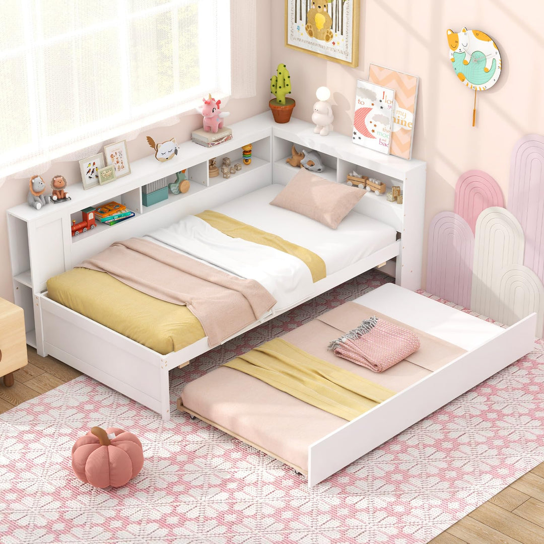 Giantex Twin Daybed with Trundle, Wood Twin Bed Frames with Storage Headboard, Reversible Bookcase