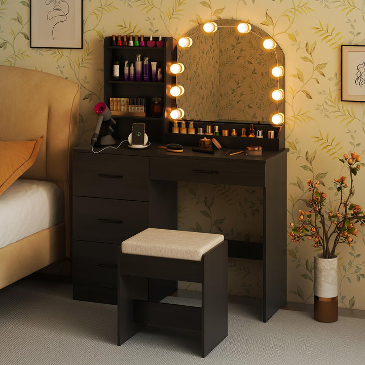 Vanity Desk with Lights - Makeup Vanity Table with Charging Station, 4 Drawers, 3 Storage Shelves