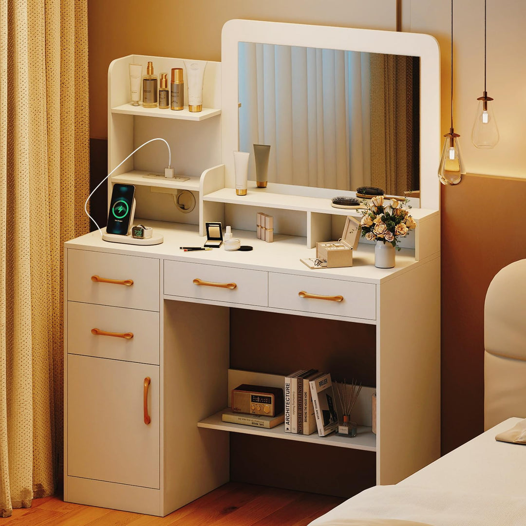 Giantex 39.5 Inch Vanity Desk with Power Outlets and Mirror for Bedroom