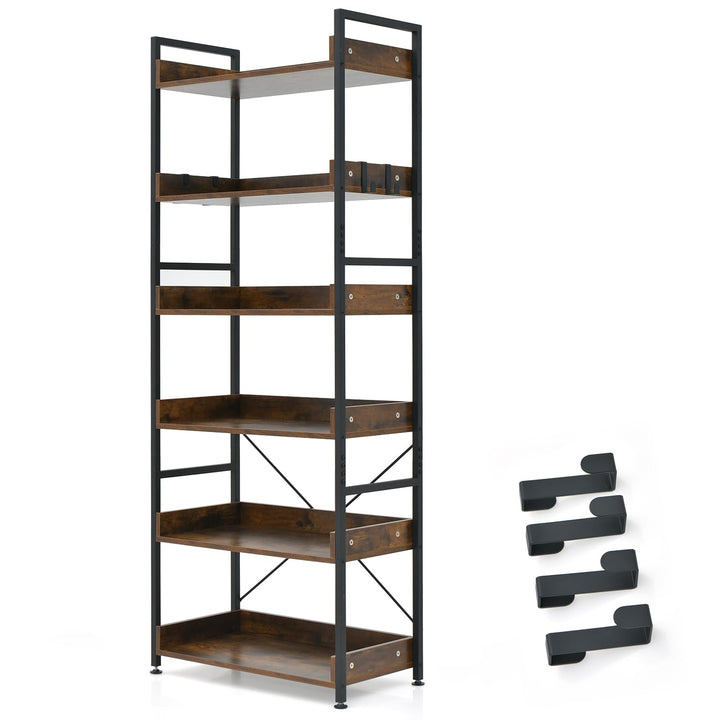 Giantex Industrial 6-Tier Bookshelf, 70" Tall Freestanding Storage Display Shelf with 4 Hooks