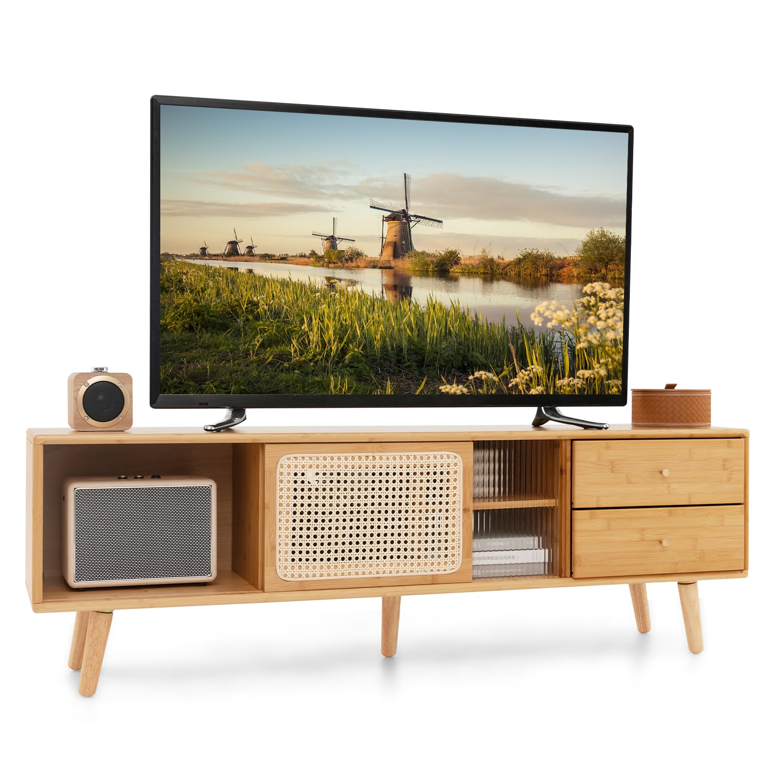 Giantex Bamboo TV Stand for 55 60 65 Inch TV, PE Rattan Entertainment Center with Sliding Doors