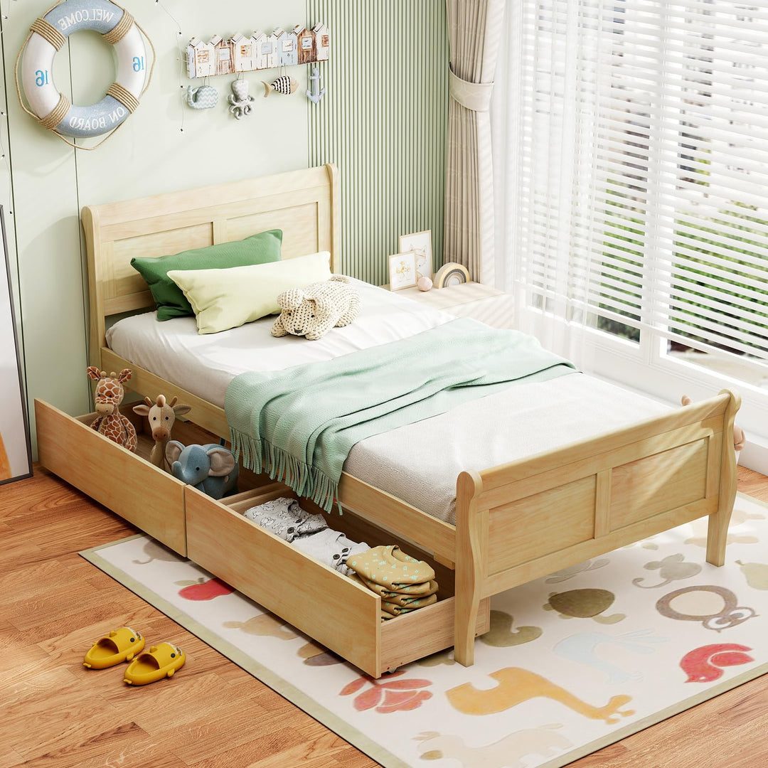 Giantex Twin Bed with 2 Storage Drawers Wood Platform Bed with Headboard & Footboard