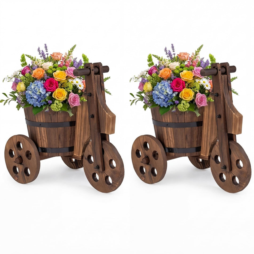 Giantex Wooden Wagon Planter with Wheels Rustic Wood Plant Stand(Solid Wheel)