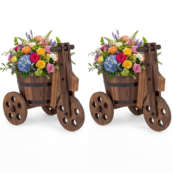 Giantex Wooden Wagon Planter with Wheels Rustic Wood Plant Stand(Solid Wheel)
