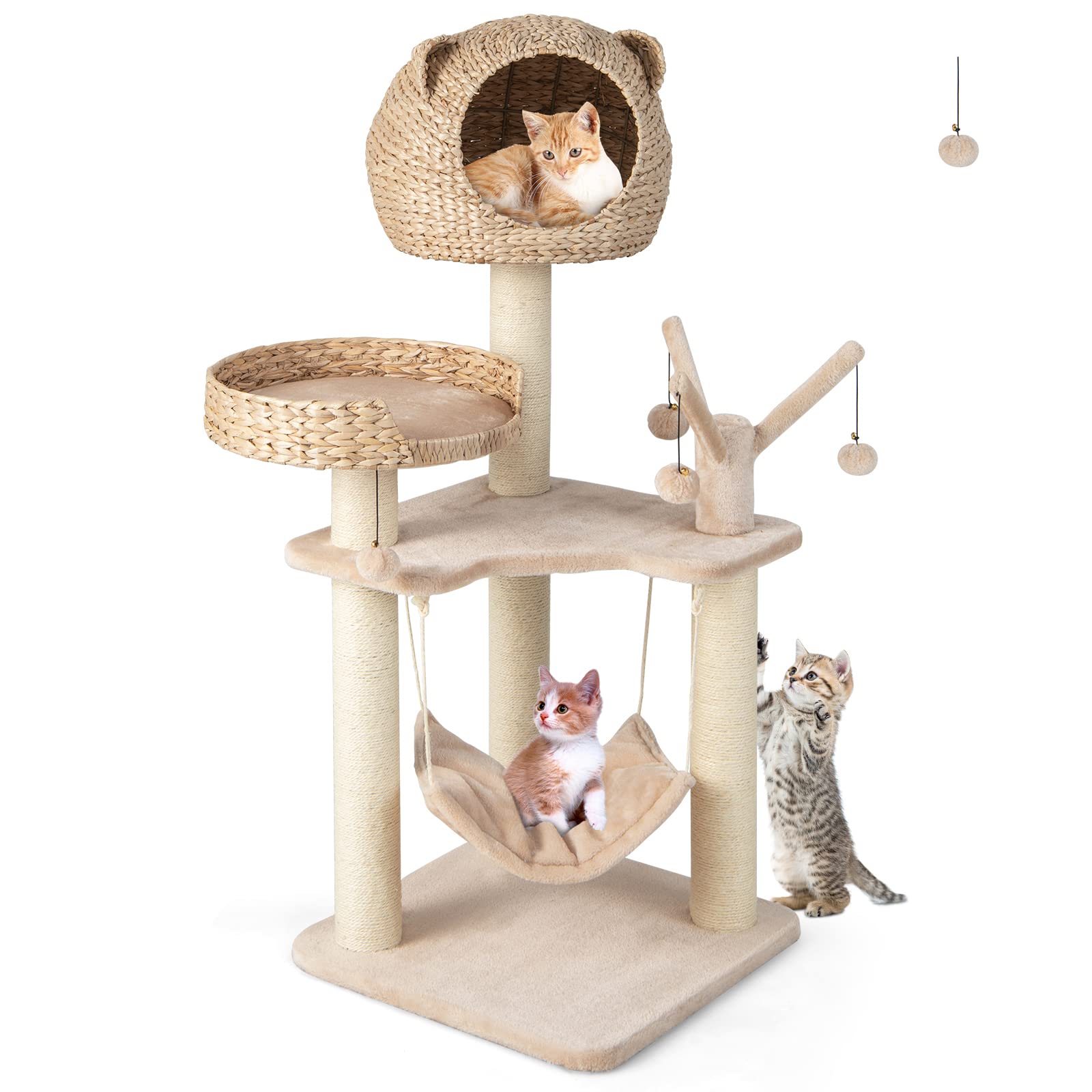Giantex Wooden Cat Tree, 48 inches Cat Tower with Cattail Condo, Cat Bed, Hammock, Rotatable Jingling Balls