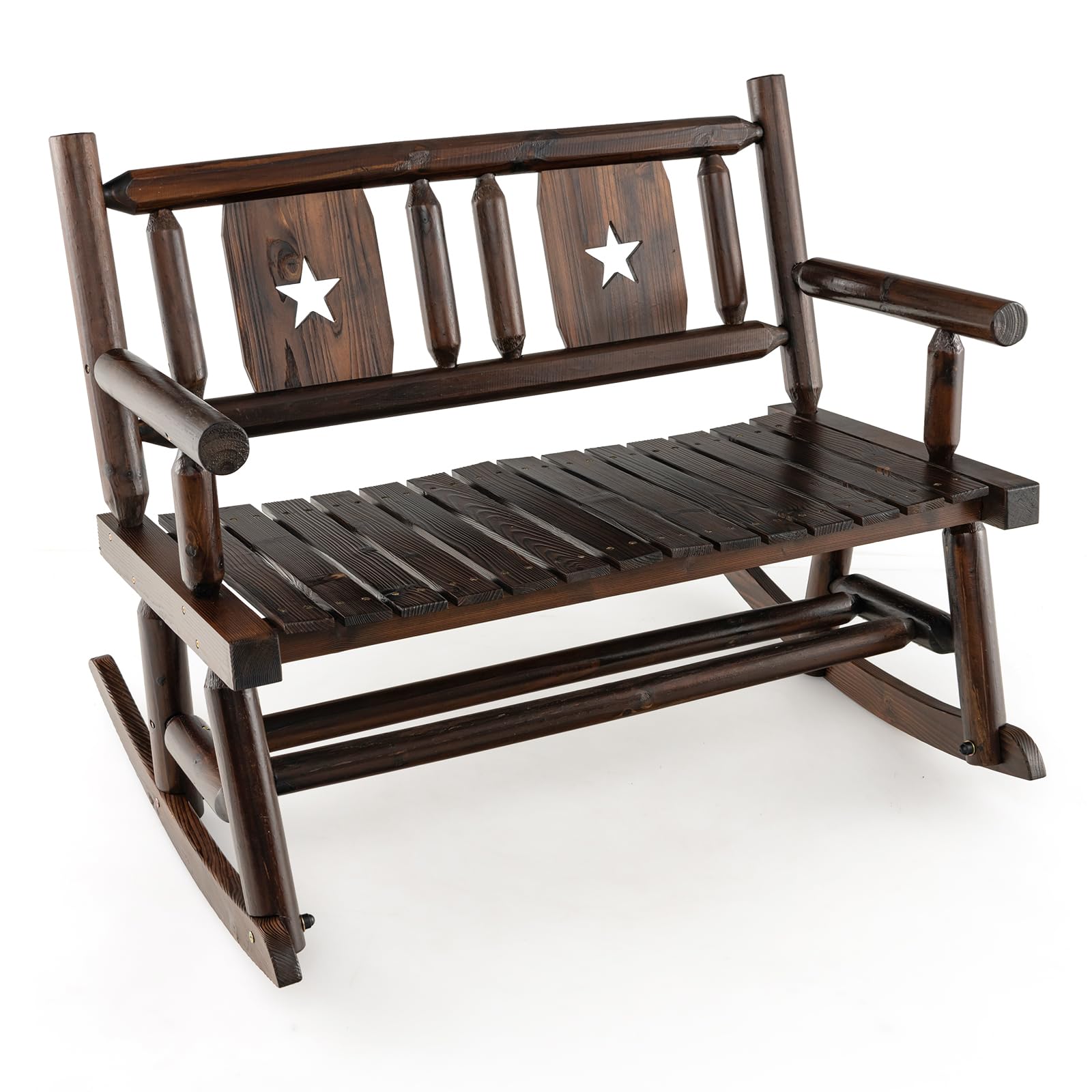 Giantex Outdoor Rocking Bench, Patio Loveseat Rocker for 2 w/Ergonomic Back & Log Arms, Carbonized Fir Wood Frame