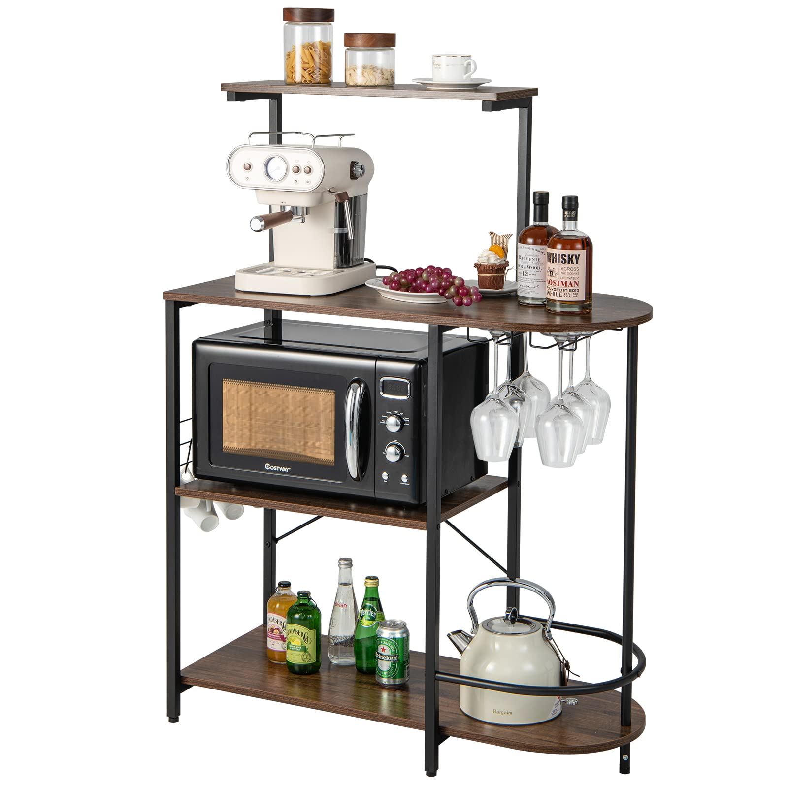 Giantex Kitchen Bakers Rack, 4-Tier Microwave Stand with 6 Hooks & Stemware Racks (Rustic Brown)