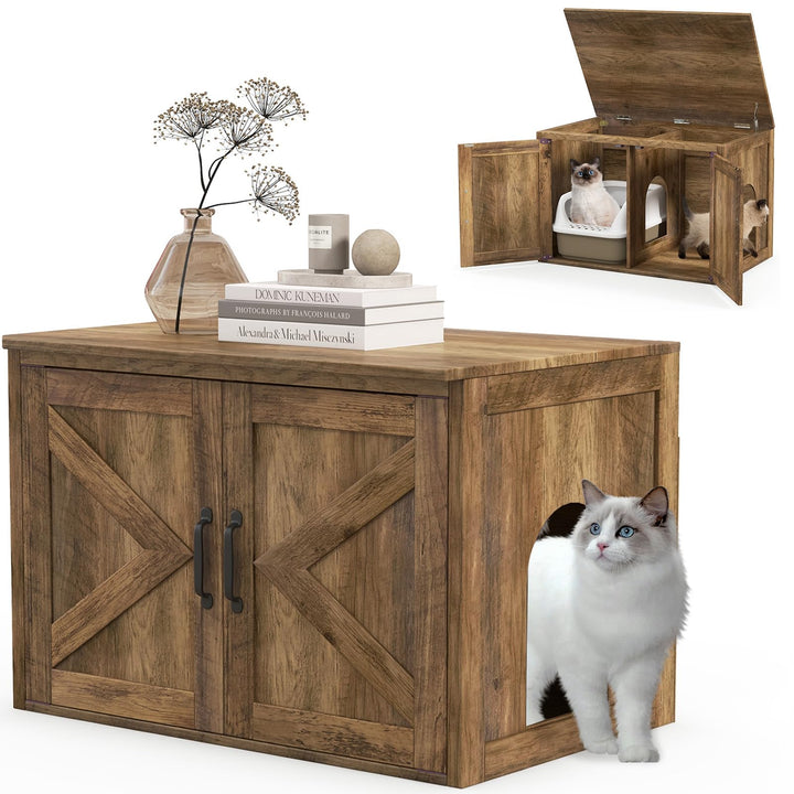 Giantex Cat Litter Box Enclosure - Flip Top Litter Box Hidden Furniture with Barn Door, Side Entrance