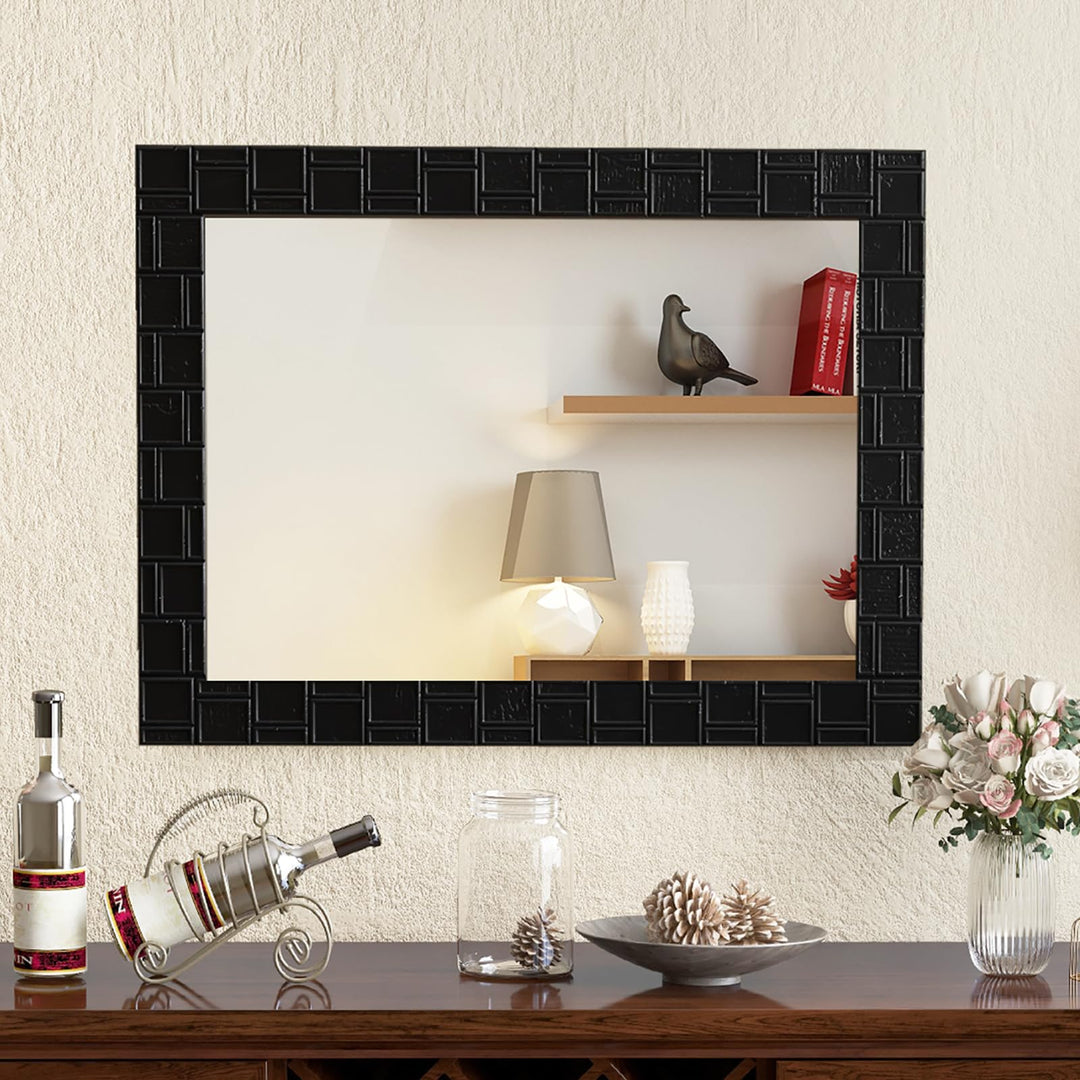CHARMAID Wall Mirror, 32'' x 24'' Wood Framed Vanity Mirror with Hanging Hooks