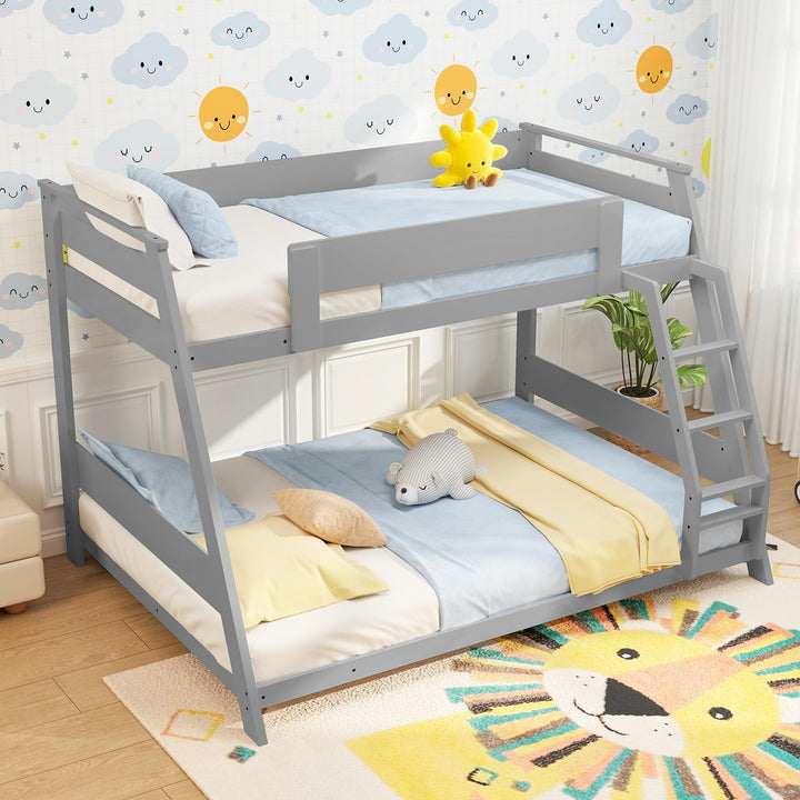 Giantex Wood Bunk Beds Twin Over Full Size, Solid Wood Floor Low Bunk Bed w/Removable Ladder
